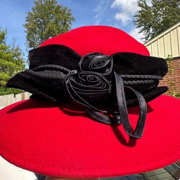 Vintage Galliano Sorbatti Red Fedora Felt Hat 100% Wool Black Bow Made In Italy main image 9